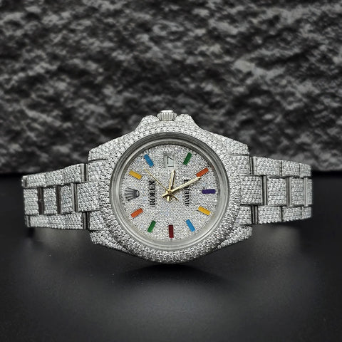 Iced Out Moissanite Rainbow Stick Rapper Style Watch