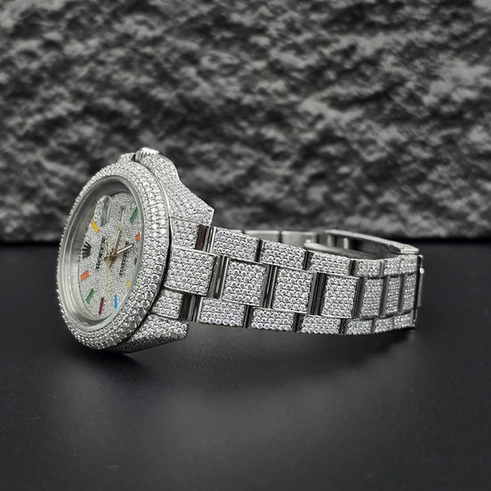 Iced Out Moissanite Rainbow Stick Rapper Style Watch