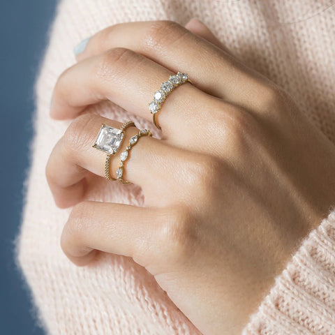 Pav Set Colorless Moissanite Asscher Cut Engagement Ring