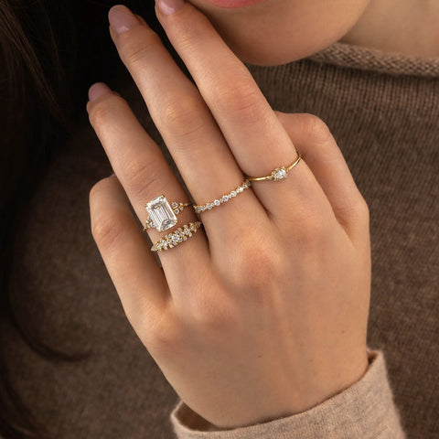 Emerald Cut Cluster Colorless Moissanite Wedding Ring