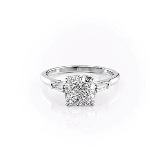 Three Stone Moissanite Cushion & Baguette Cut Engagement Ring
