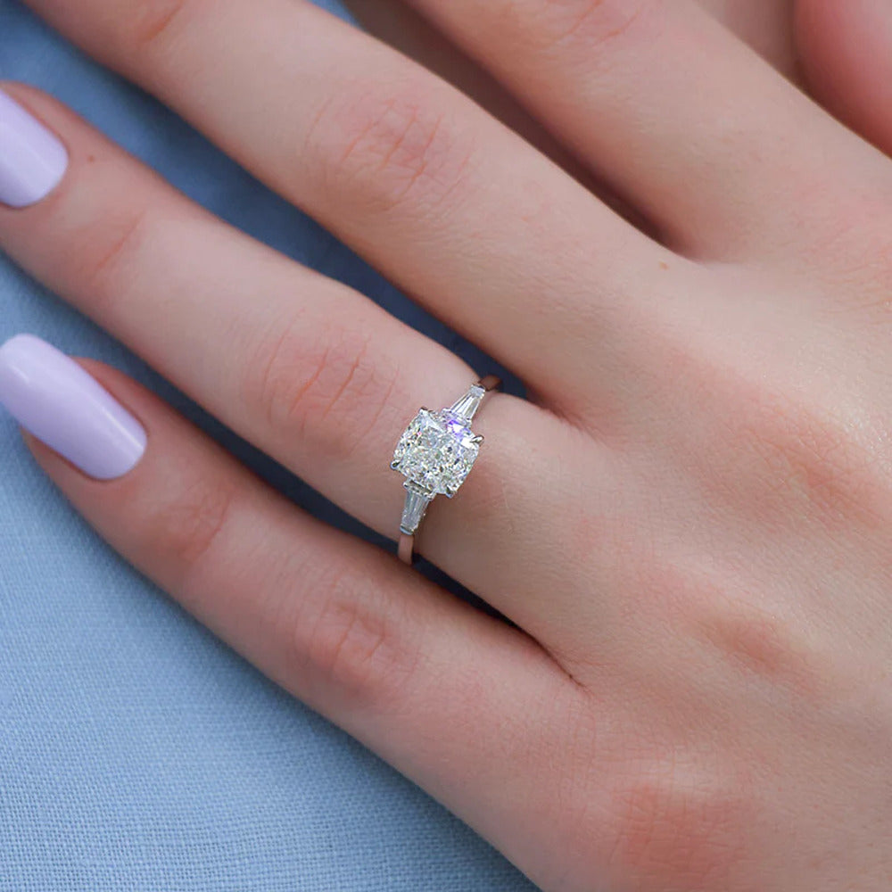 Three Stone Moissanite Cushion & Baguette Cut Engagement Ring