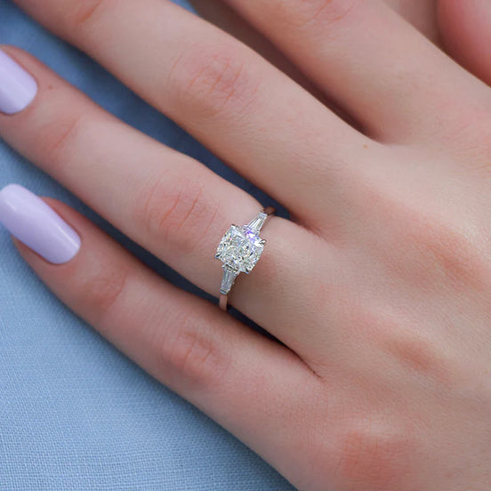 Three Stone Moissanite Cushion & Baguette Cut Engagement Ring