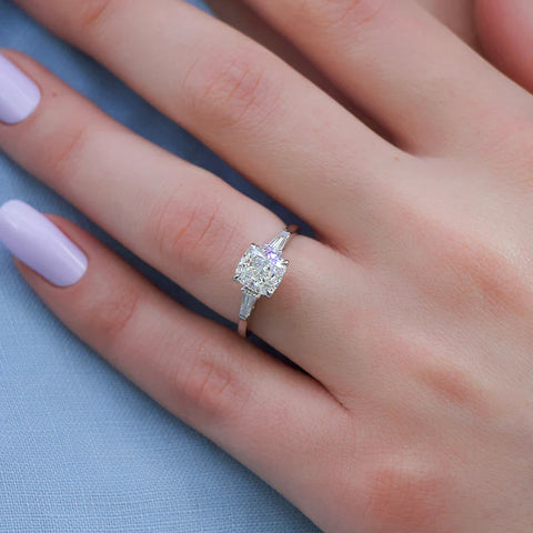 Three Stone Moissanite Cushion & Baguette Cut Engagement Ring