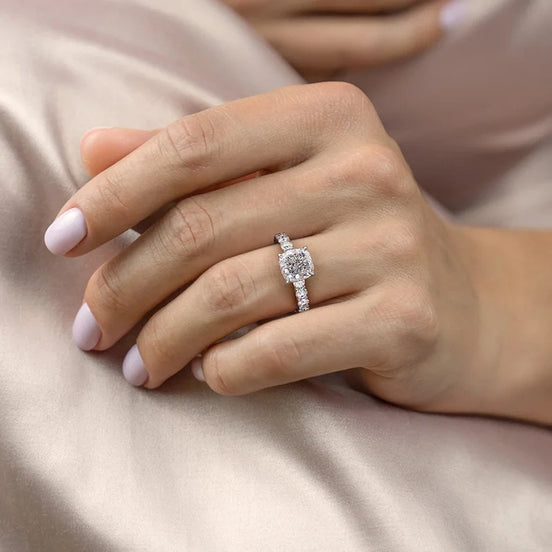 D Color Moissanite Side Accent Cushion Cut Wedding Ring