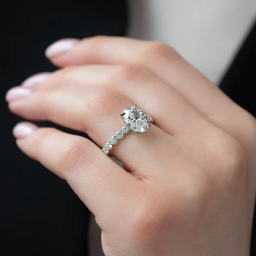 10K White Gold Moissanite Oval Cut Side Accent Diamond Ring