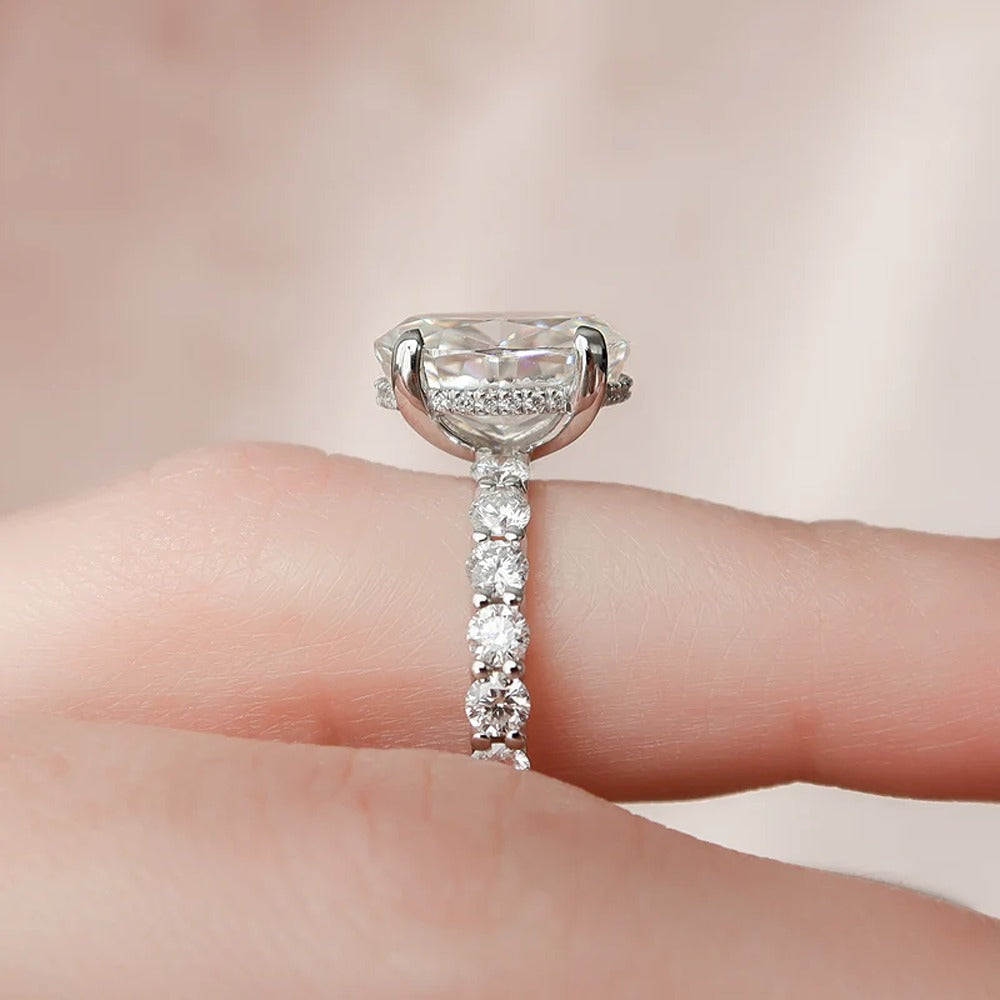 10K White Gold Moissanite Oval Cut Side Accent Diamond Ring