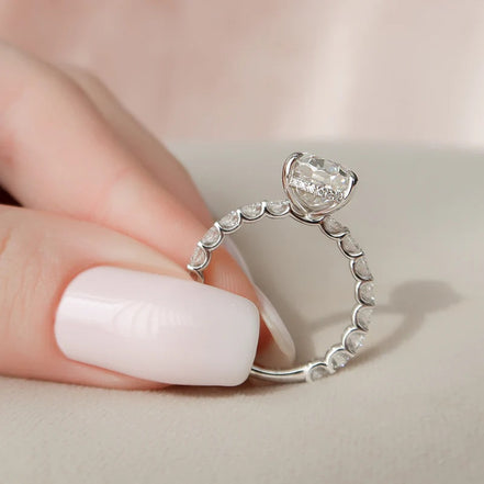 10K White Gold Moissanite Oval Cut Side Accent Diamond Ring