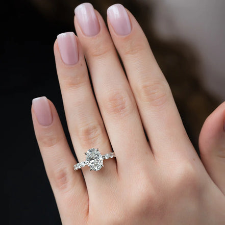 10K White Gold Moissanite Oval Cut Side Accent Diamond Ring