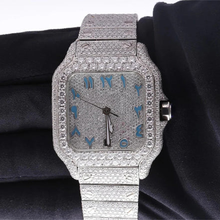 VVS1 Moissanite Blue Arabic Number Dial Iced Out Watch Gift For Men's