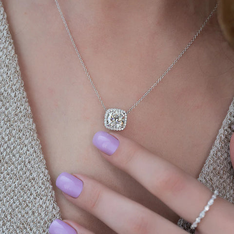 Cushion Cut Halo Moissanite Diamond Pendant For Her