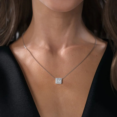 Moissanite Diamond Princess Cut Halo Pendant Gift For Her