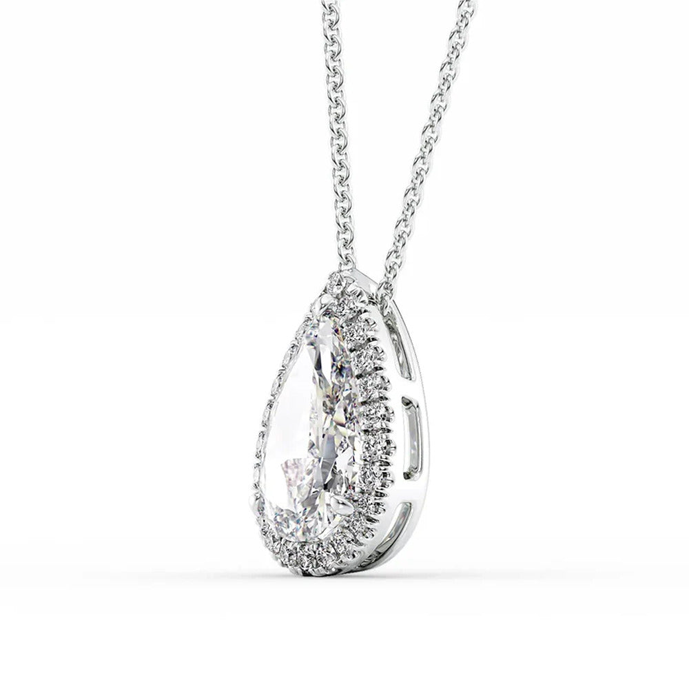 Lab Created Moissanite Pear Cut Halo Pendant For Her