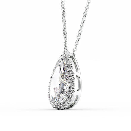 Lab Created Moissanite Pear Cut Halo Pendant For Her