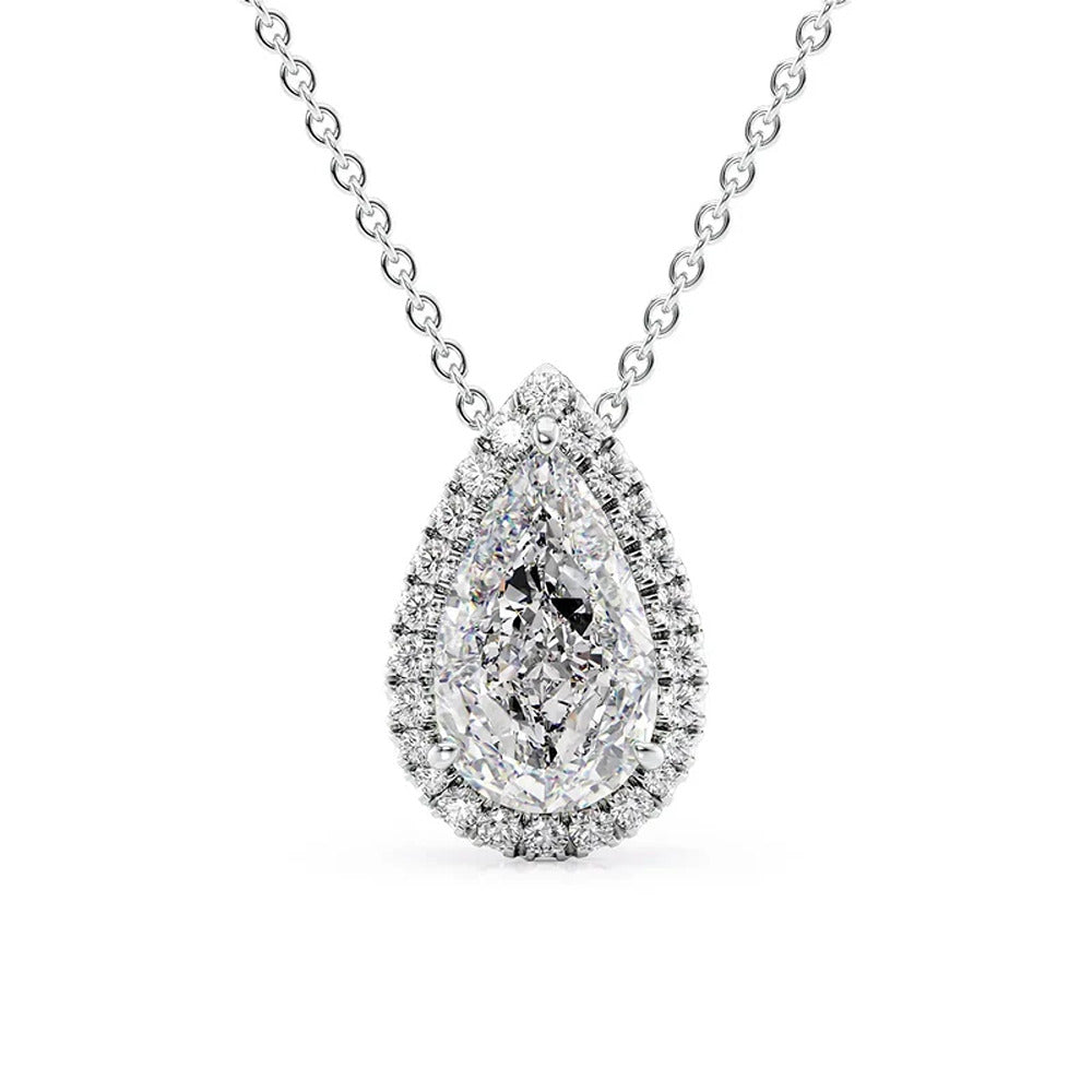 Lab Created Moissanite Pear Cut Halo Pendant For Her