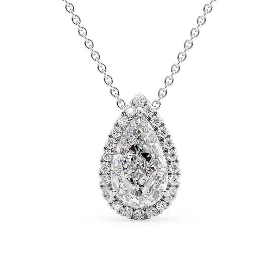 Lab Created Moissanite Pear Cut Halo Pendant For Her