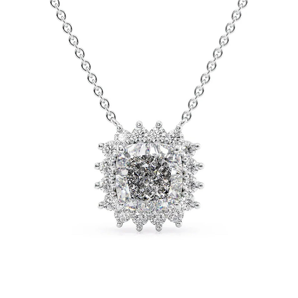 D Color Moissanite Cushion Cut Halo Birthday Gift Pendant