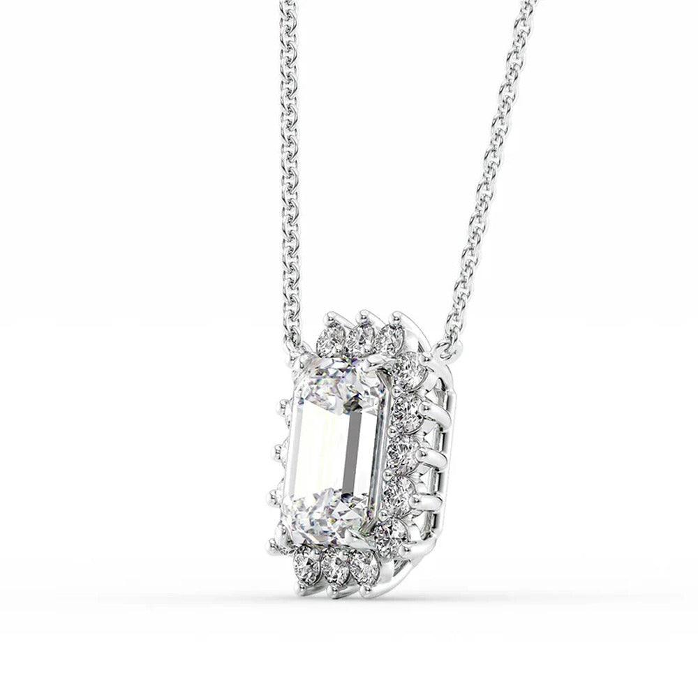 Emerald Cut Moissanite Halo Pendant For Women