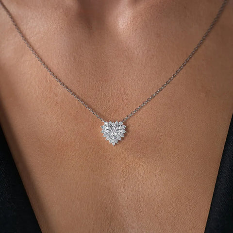 Colorless Moissanite Heart Cut Halo Diamond Pendant