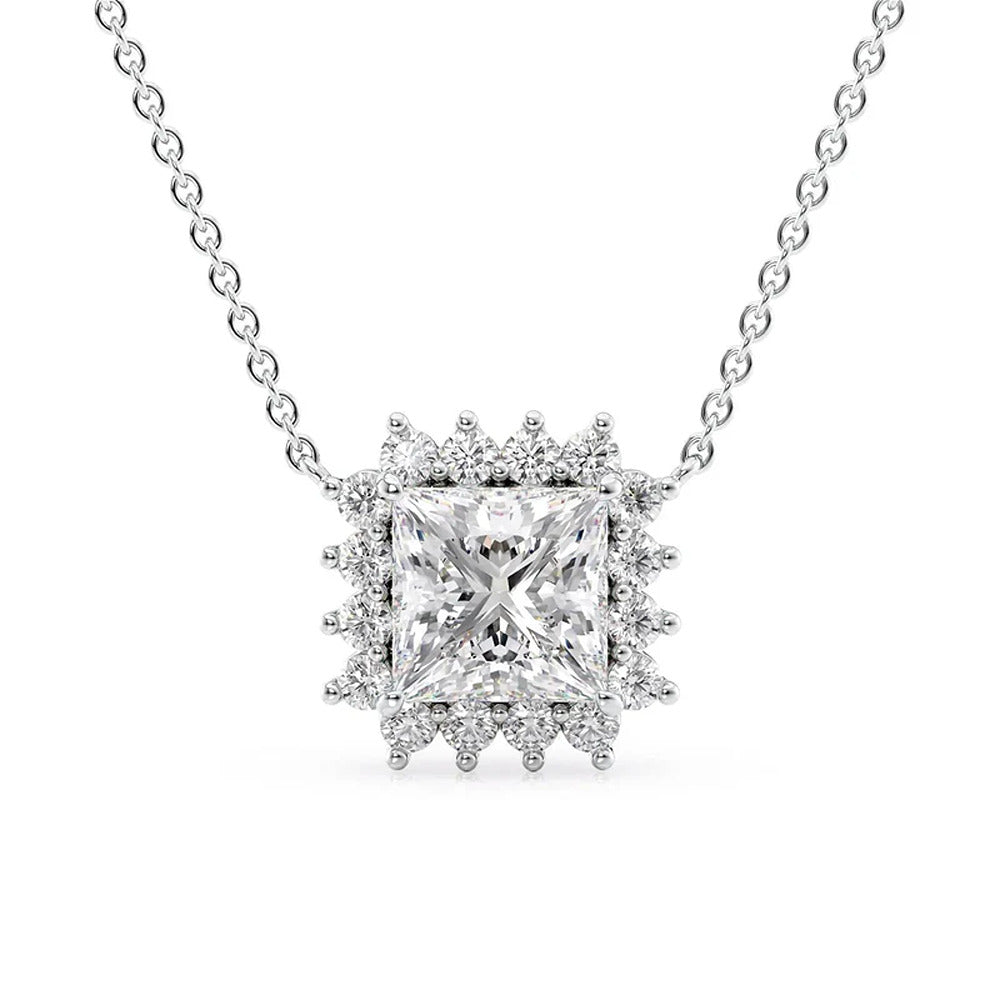 D Color Moissanite Princess Cut Halo Style Pendant