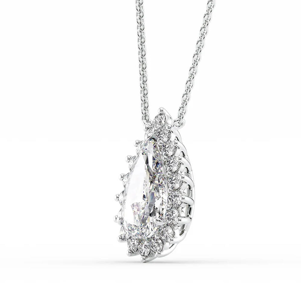925 Sterling Silver Floral Halo Pear Cut Moissanite Pendant