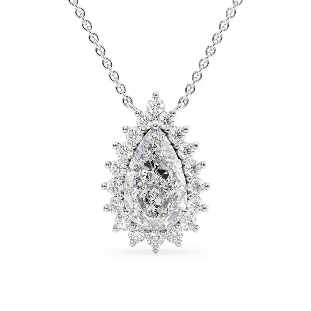 925 Sterling Silver Floral Halo Pear Cut Moissanite Pendant