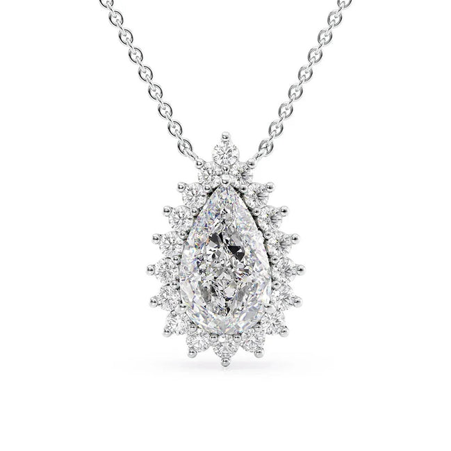 925 Sterling Silver Floral Halo Pear Cut Moissanite Pendant