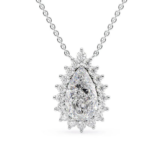 925 Sterling Silver Floral Halo Pear Cut Moissanite Pendant