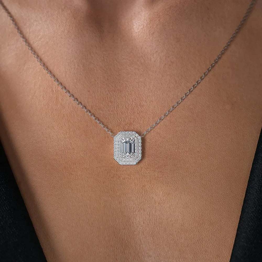 925 Silver Emerald Cut VVS1 Moissanite Double Halo Pendant
