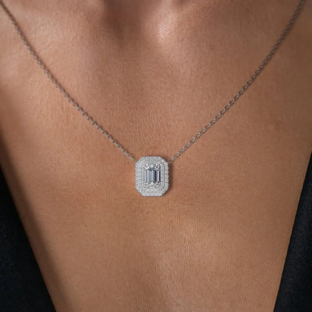 925 Silver Emerald Cut VVS1 Moissanite Double Halo Pendant