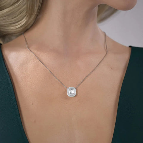 925 Silver Emerald Cut VVS1 Moissanite Double Halo Pendant