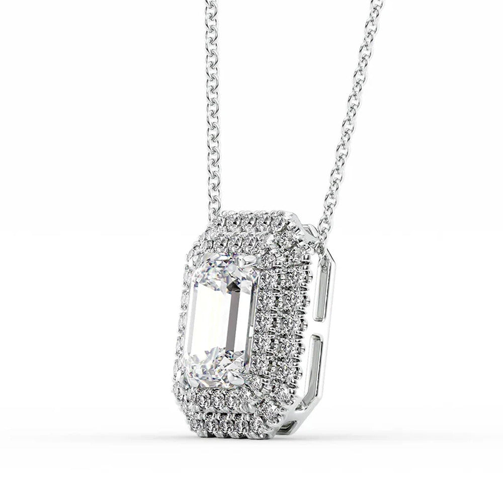 925 Silver Emerald Cut VVS1 Moissanite Double Halo Pendant