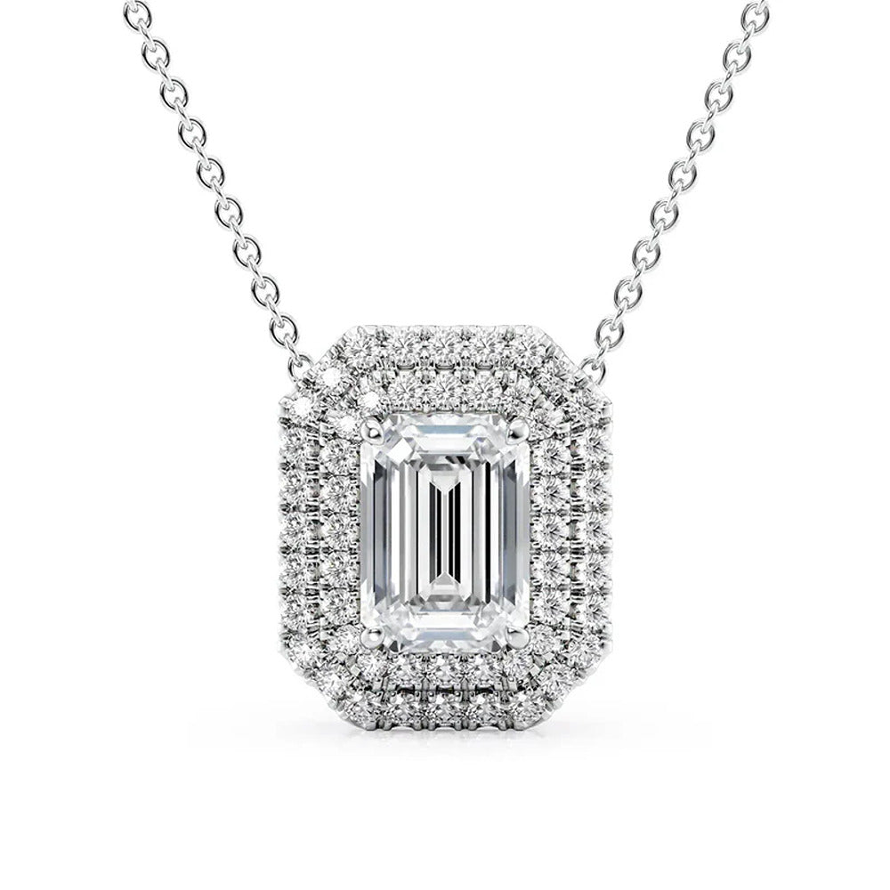 925 Silver Emerald Cut VVS1 Moissanite Double Halo Pendant