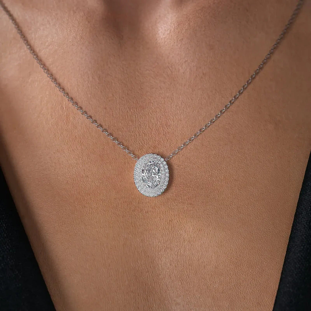 Moissanite Oval Cut Double Halo Pendant For Women
