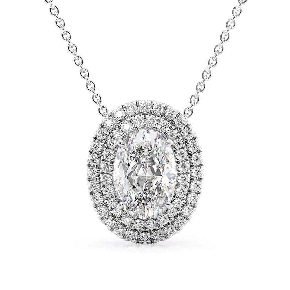 Moissanite Oval Cut Double Halo Pendant For Women