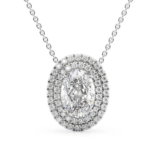 Moissanite Oval Cut Double Halo Pendant For Women