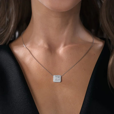 Double Halo Moissanite Princess Cut Pendant For Girls