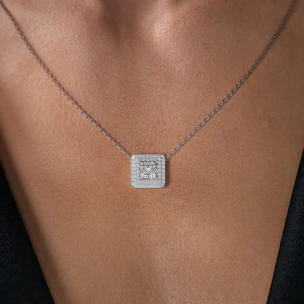Double Halo Moissanite Princess Cut Pendant For Girls