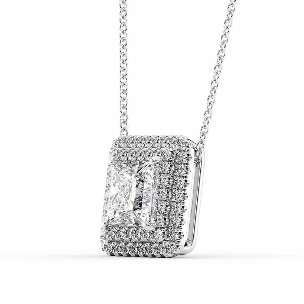 Double Halo Moissanite Princess Cut Pendant For Girls