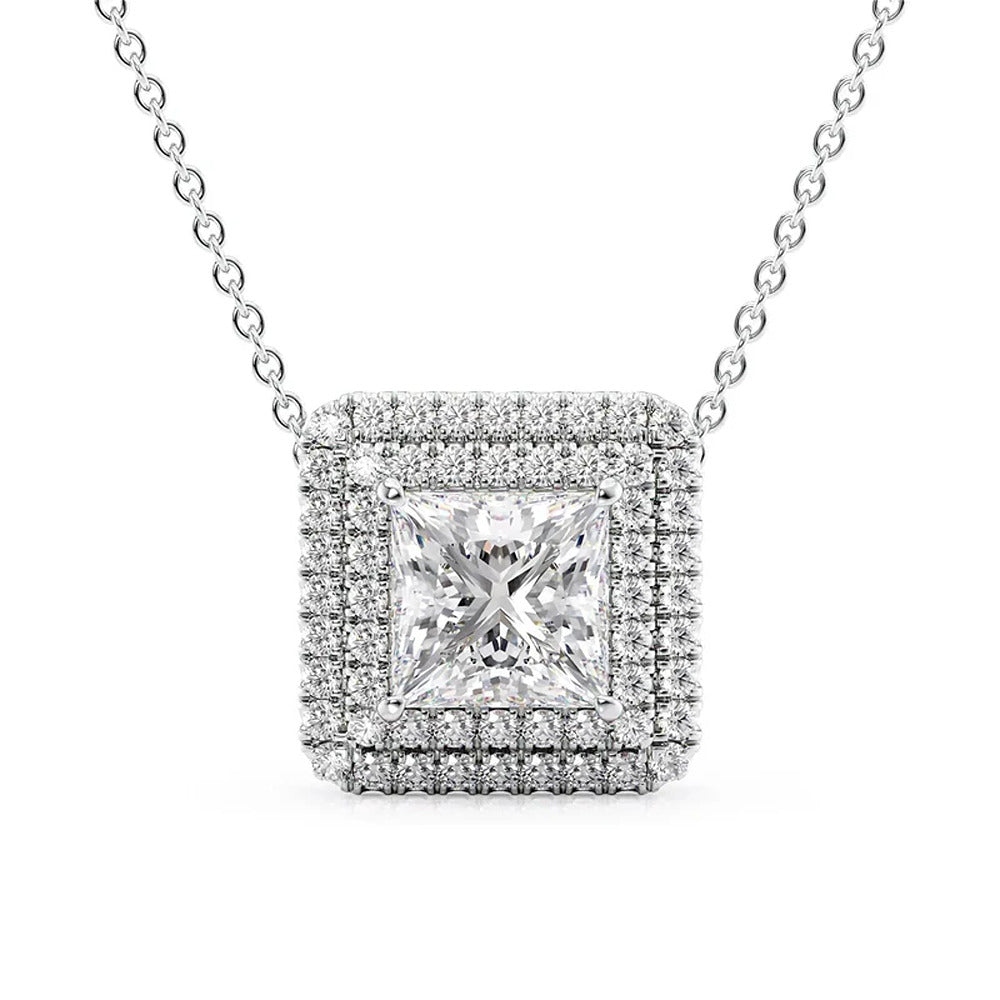 Double Halo Moissanite Princess Cut Pendant For Girls