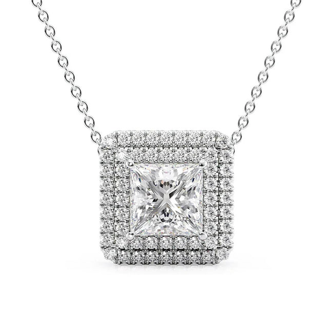 Double Halo Moissanite Princess Cut Pendant For Girls