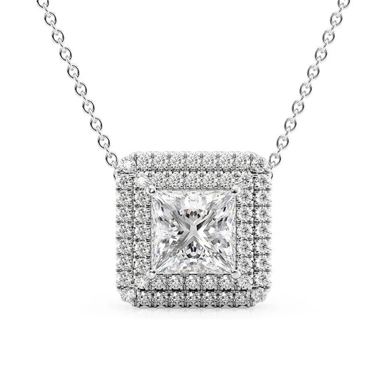 Double Halo Moissanite Princess Cut Pendant For Girls
