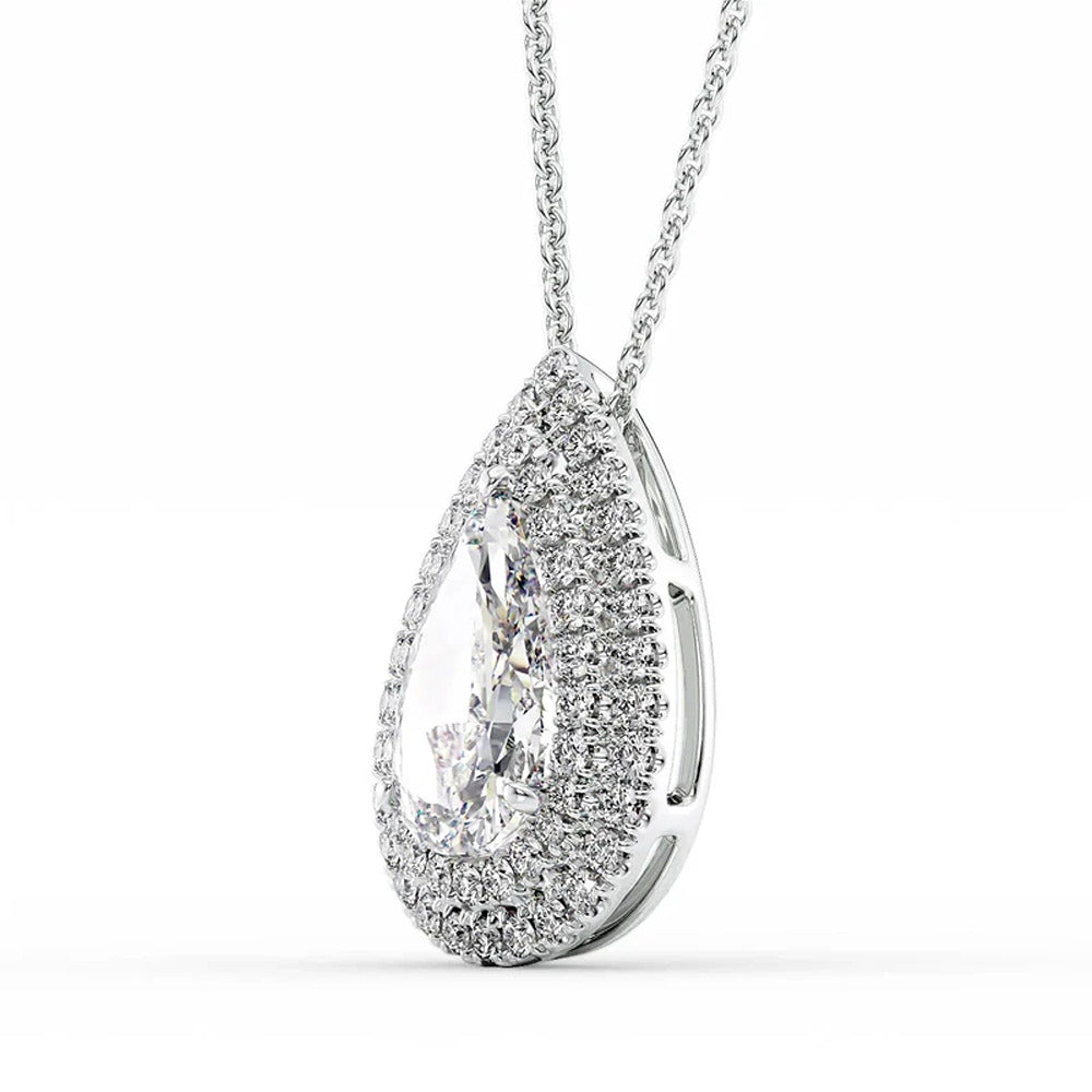 Double Halo Pear Cut Moissanite Diamond Pendant For Her