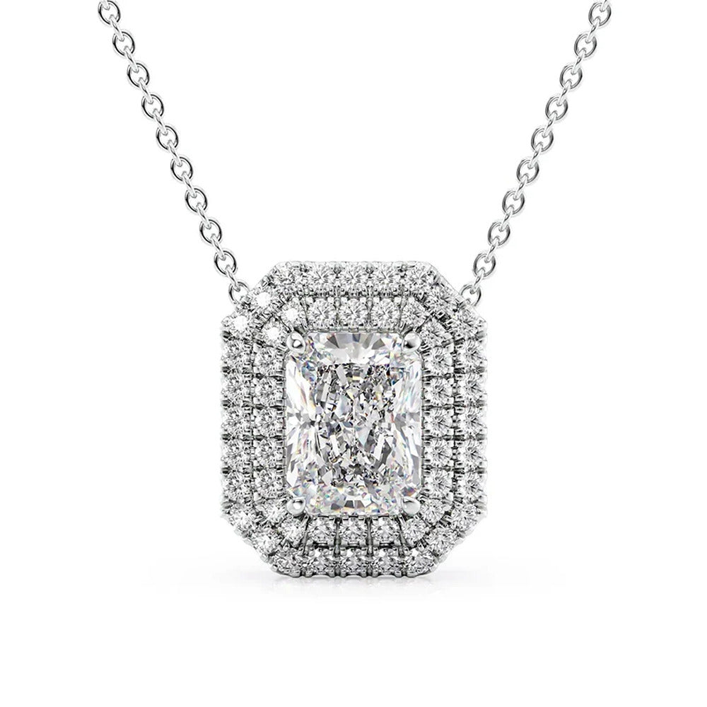 Double Halo Radiant Cut Moissanite Fancy Pendant Gift For Her