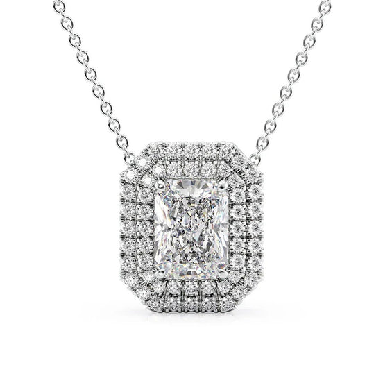 Double Halo Radiant Cut Moissanite Fancy Pendant Gift For Her