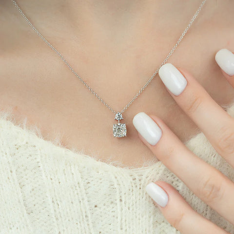 Cushion Cut Moissanite Two Stone Hidden Halo Pendant