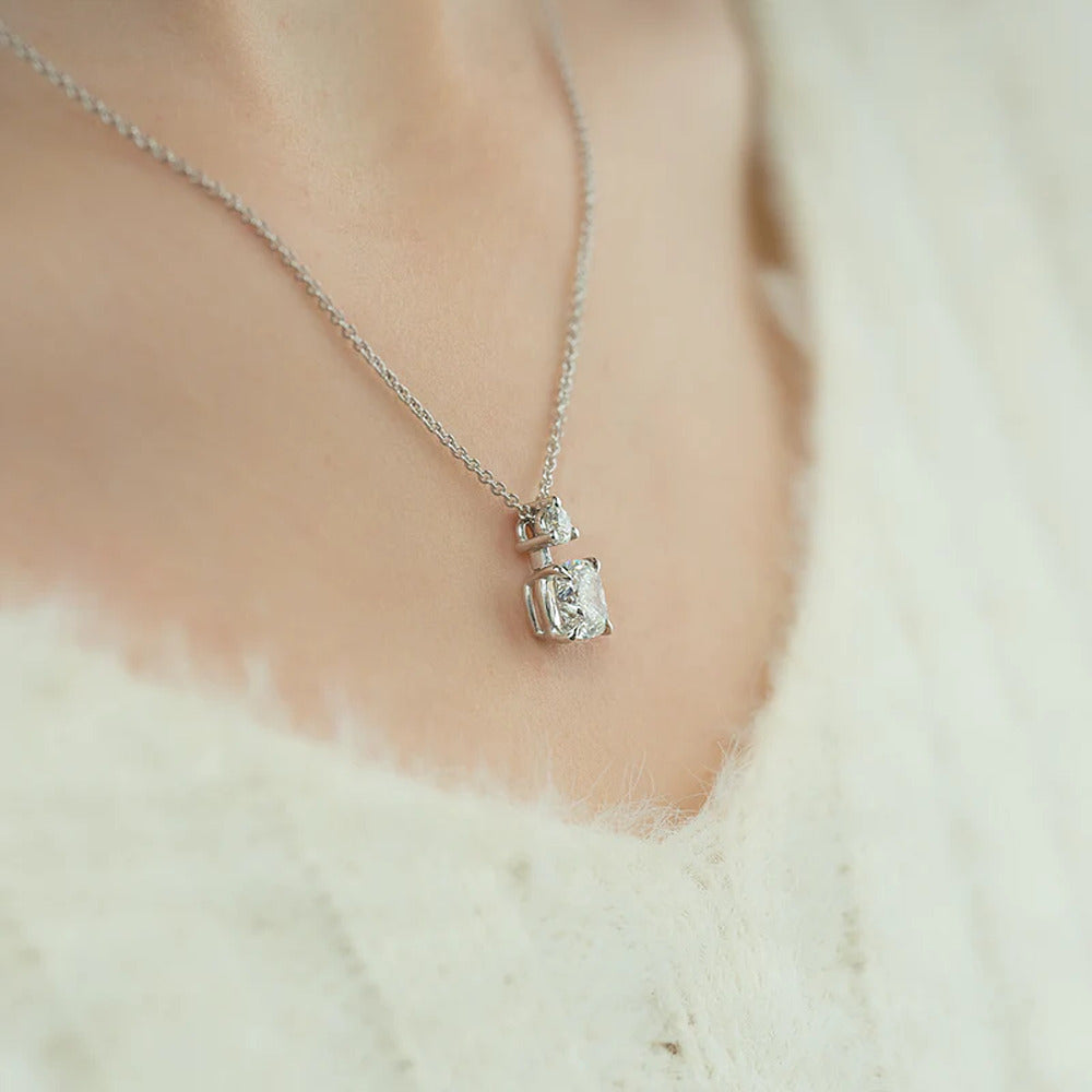 Cushion Cut Moissanite Two Stone Hidden Halo Pendant