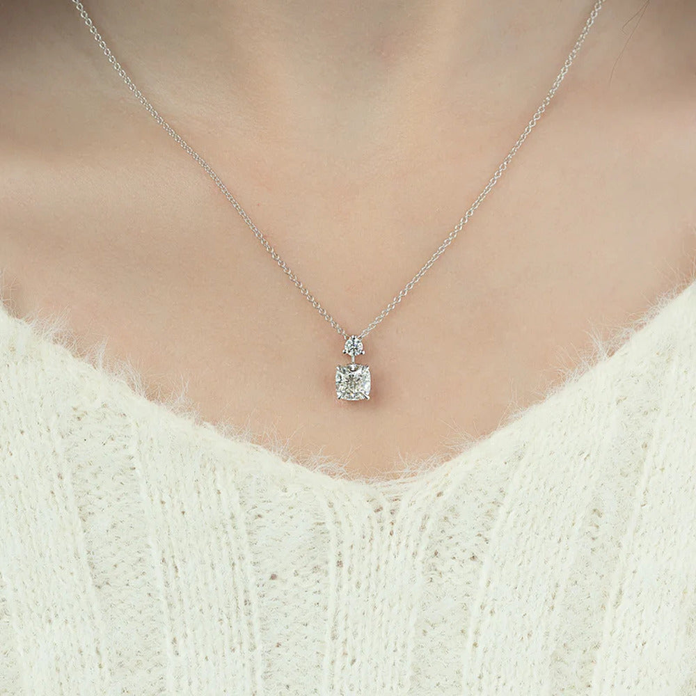 Cushion Cut Moissanite Two Stone Hidden Halo Pendant
