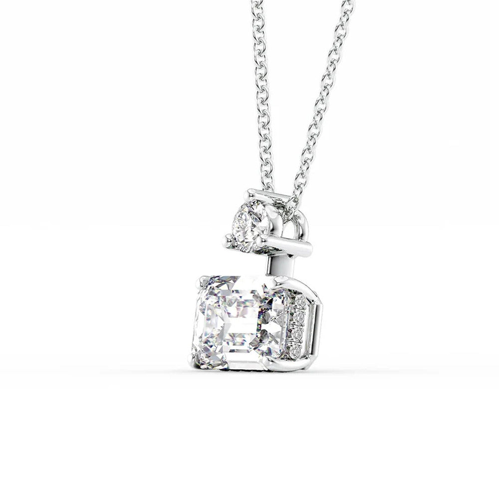Two Stone & Hidden Halo Emerald Cut Moissanite Pendant Gift For Her