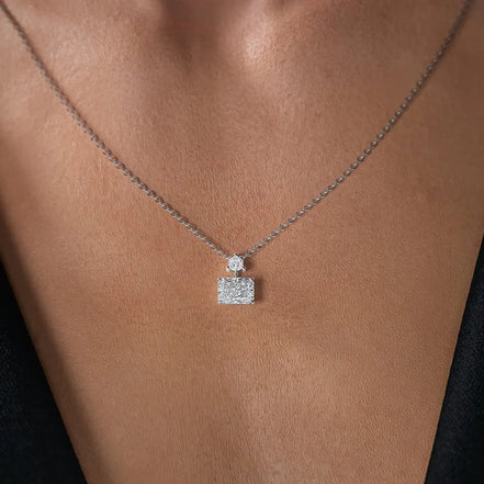 Colorless Diamond Radiant Cut Two Stone & Hidden Halo Pendant